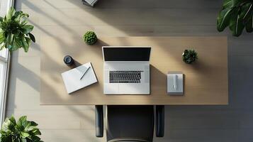 An overhead view of a minimalist office workspace setting photo