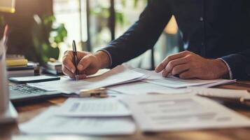 A person writing on documents at a cluttered desk photo