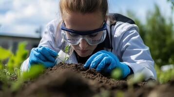 Focused botanist examines young seedling in the garden. photo