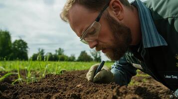 Focused agricultural researcher examines soil in a field. photo