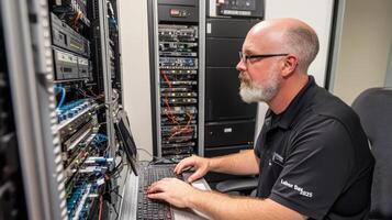 Focused network technician works on server rack. photo