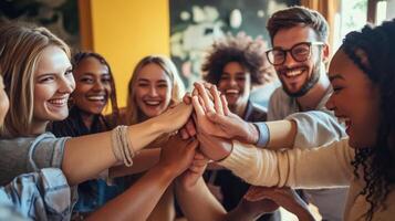A Group of Happy Friends Stacking Hands Together Joyfully photo