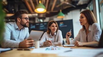 Three Colleagues Are Collaborating Around a Wooden Conference Table photo