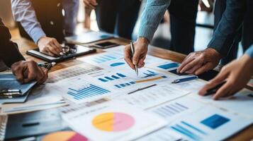People gathered around a table reviewing business charts and graphs photo