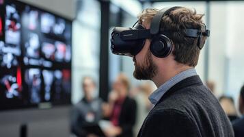 A man wearing a virtual reality headset in a modern setting photo
