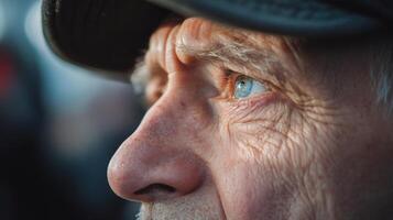 A close up side profile of an elderly mans face photo
