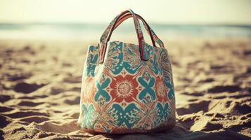 Colorful patterned tote bag sits on the beach sand. photo