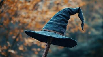 Dark, wizarding hat perched on a wooden staff. photo