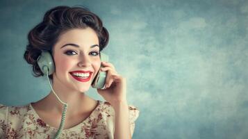 A beautiful smiling woman is holding a vintage telephone receiver photo