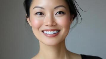 Close-up portrait of a woman smiling with a healthy complexion. photo