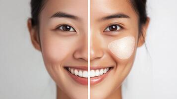 Comparative view of skin tone with light application. photo