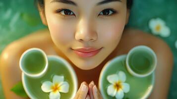 Relaxed woman in a spa treatment, serene face. photo