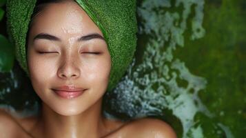 Relaxed woman with green leaves on head, enjoying spa treatment. photo