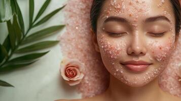 Relaxing facial treatment with pink crystals on a woman's face. photo