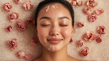 Relaxed woman enjoying a facial treatment surrounded by rose petals. photo