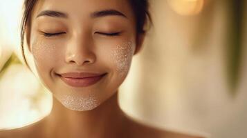 Close-up of a relaxed person with facial exfoliation. photo