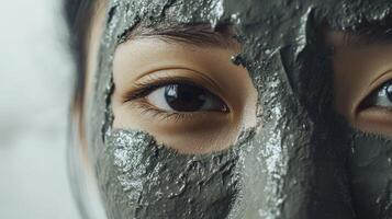 Close-up view of a facial mask on a person's face. photo