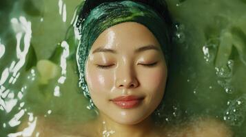 Relaxed woman floating in a soothing green bath. photo