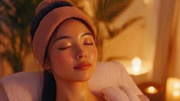 Relaxed woman enjoying a spa treatment in a tranquil setting. photo