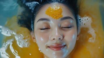 Relaxed woman's face, adorned with a golden mask, in a spa tub. photo