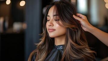 Relaxed woman receiving a hair styling service in a modern salon. photo