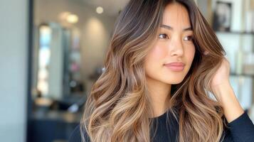 Elegant woman showcasing a beautiful, highlighted hairstyle. photo