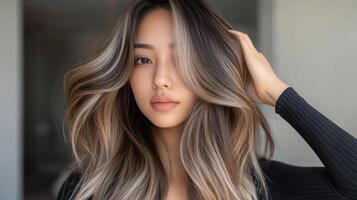 Elegant woman displaying highlighted, flowing hair. photo