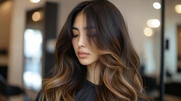Close-up portrait of a woman with long, wavy, highlighted hair. photo