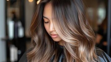 Close-up view of a woman's beautifully styled, highlighted hair. photo