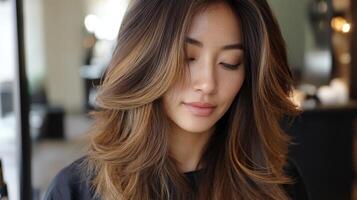Close-up portrait of a woman with layered, highlighted hair. photo