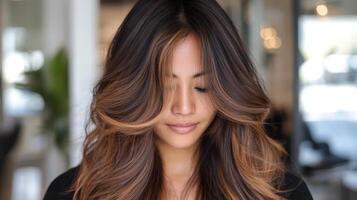 Close-up of a woman's long, wavy, highlighted hairstyle. photo