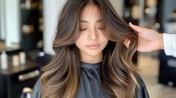 A young woman's long, highlighted hair being styled in a salon. photo