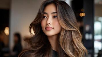 Elegant woman with long, styled hair in a modern salon setting. photo