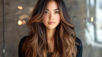 Close-up portrait of a woman with styled hair. photo