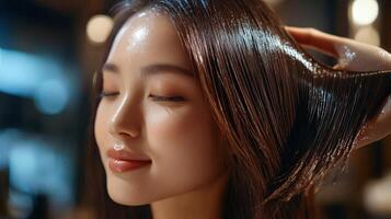 Close-up view of a person receiving a hair treatment. m photo