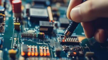 Precision electronic component repair on a circuit board. photo