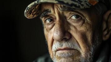 An older man wearing a camouflage hat looks at the viewer photo
