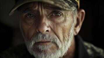 Close portrait of an older man wearing a camouflage hat photo