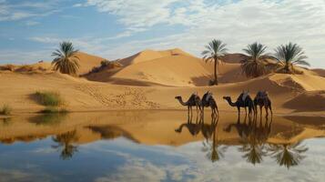 Desert landscape with camels by a tranquil pool. photo