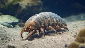 Subaquatic isopod creature moving on sandy bottom. photo