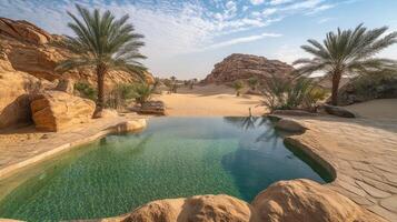 Desert oasis pool scene with palm trees. photo