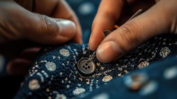 Close-up view of hands carefully sewing a button onto fabric. photo