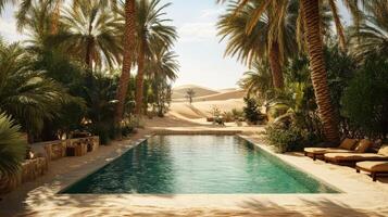 Desert oasis pool surrounded by palm trees. photo