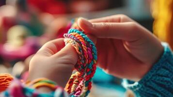 Close-up view of hands crafting colorful friendship bracelets. photo