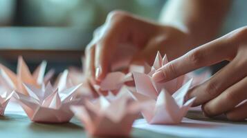 Person folding paper flowers with their delicate hands on a table photo