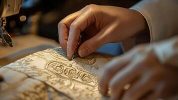 Detailed view of person using a tool for decorative stitching photo