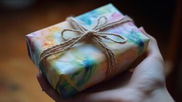 A hand holding a colorful wrapped present with string tied photo