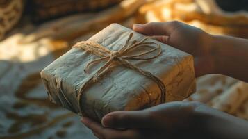 Hands holding a decorative wrapped gift with a string tie photo
