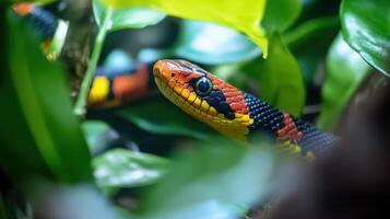 A colorful coral snake peers from lush green foliage quietly photo