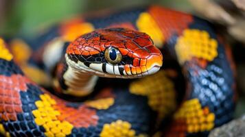A colorful snake with intricate patterns and vibrant skin is shown photo